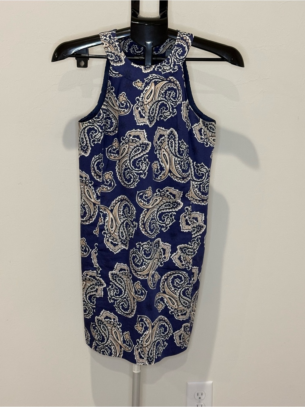 LOFT Petites Paisley Shift Dress 0P Navy Blue Beige Sleeveless Lined - Picture 2 of 8